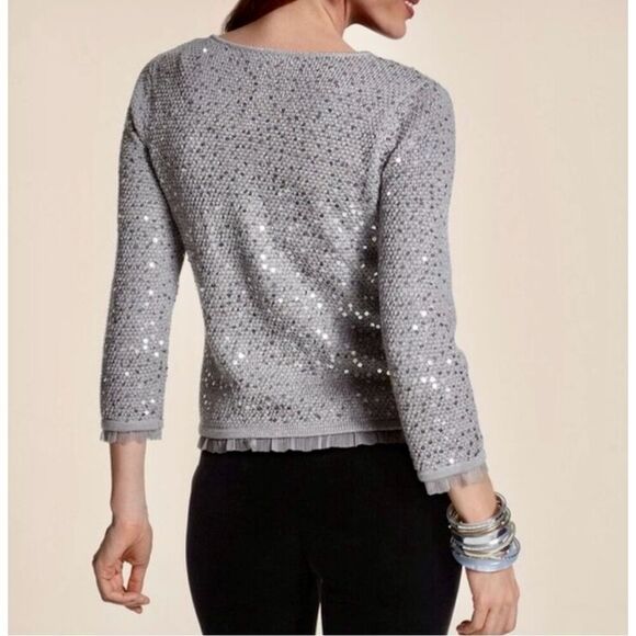 Chico’s Full Zip Sequined Jacket Cardigan size 1 US M 8 Silver Gray - Picture 2 of 9